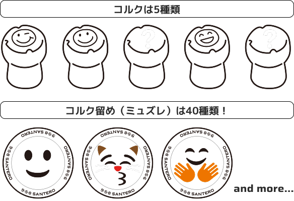 ニコちゃんコルクの種類を紹介するイラスト